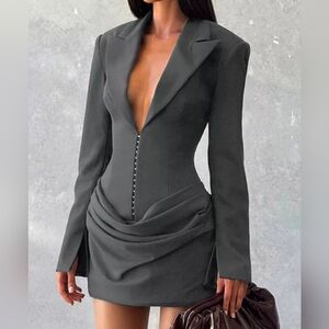 Gray Full Size Blazer-Style Long Sleeve Mini Dress Plus Size